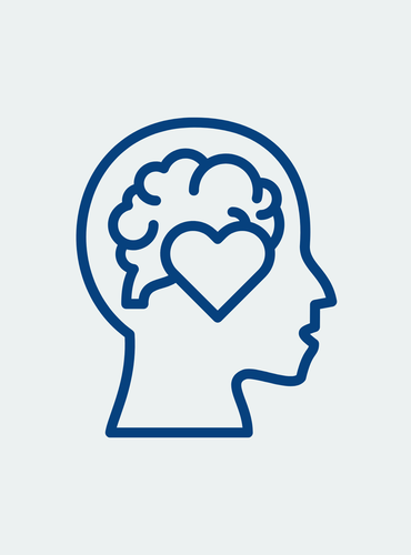 Stilisiertes Icon eines menschlichen Kopfes mit Gehirn und Herzsymbol zur Darstellung von mentaler Gesundheit und emotionalem Wohlbefinden.