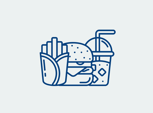 Stilisiertes Icon eines Hamburgers mit Pommes und Softdrink zur Darstellung von Fast Food oder ungesunder Ernährung