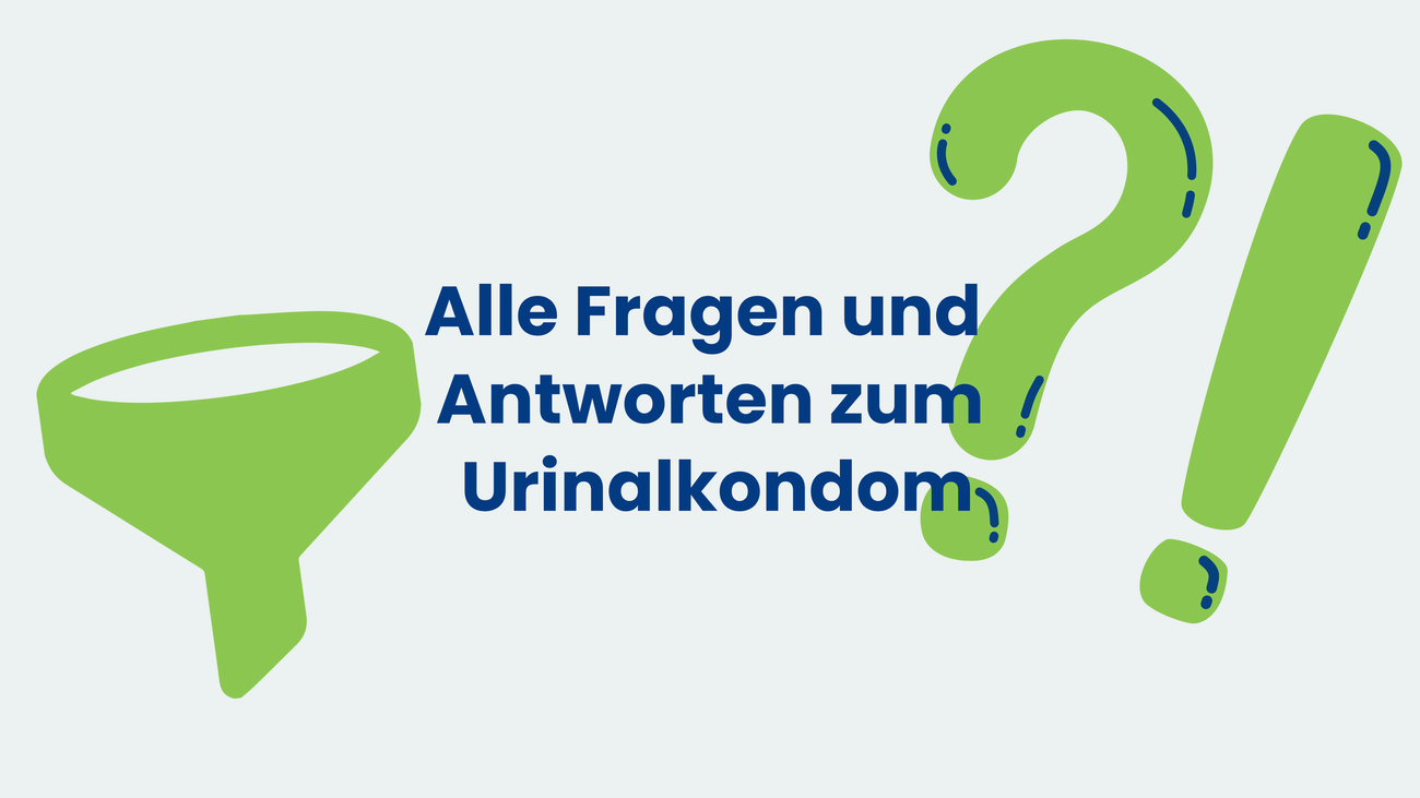 rafik mit der Überschrift ‚Alle Fragen und Antworten zum Urinalkondom‘; links grüne Trichtersilhouette, rechts großes grünes Fragezeichen und Ausrufezeichen mit blauen Akzenten.
