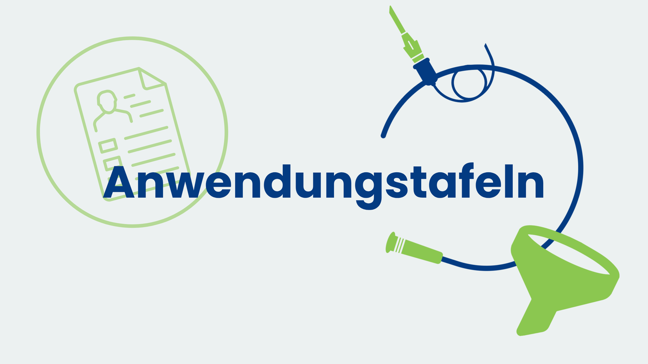 Grafik mit der Überschrift ‚Anwendungstafeln‘; links rundes Icon mit Formular/Personenprofil, rechts abstrahierter Katheterschlauch und grüne Trichtersilhouette