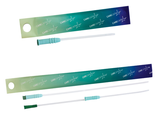 Produktfoto der Einmalkatheter Liv & LEIV mit grün-blau verlaufender Verpackung und grünem Konnektor.