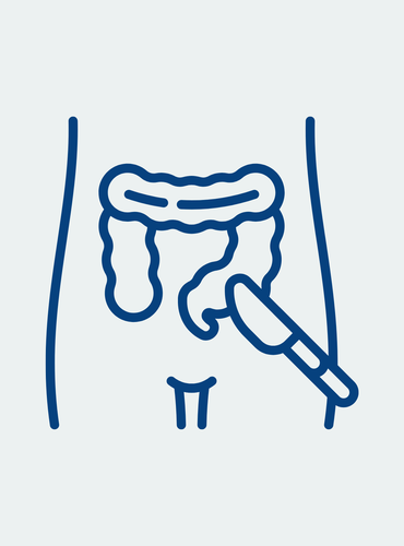 Stilisiertes Icon des menschlichen Darms mit eingeführtem medizinischem Instrument zur Darstellung einer Darmuntersuchung.
