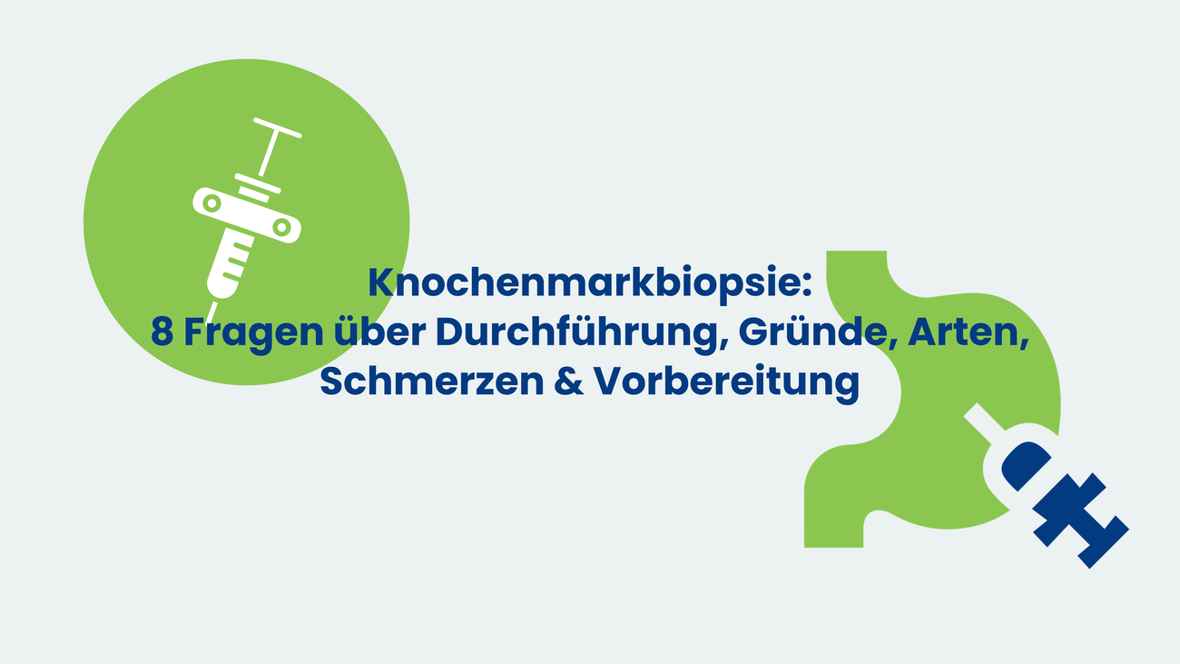 Grafik mit der Überschrift ‚Knochenmarkbiopsie: 8 Fragen über Durchführung, Gründe, Arten, Schmerzen & Vorbereitung‘; links ein grüner Kreis mit Spritzen-Icon, rechts eine grüne Form mit blauem Spritzen-Symbol.